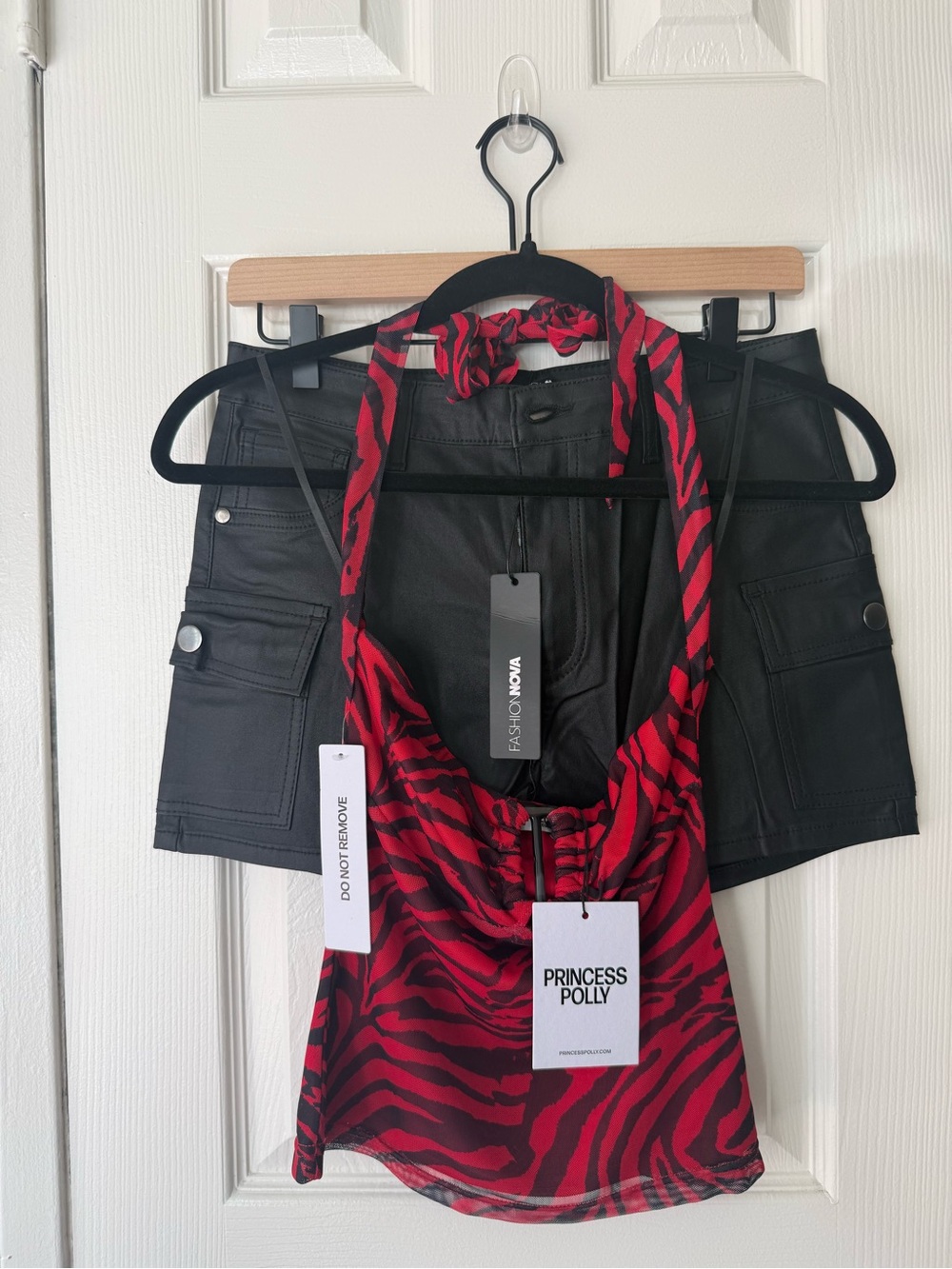 Princess Polly Red Zebra Halter Top & Fashion Nova faux leather shorts